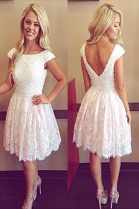 Lace Prom Dresses White Zipper Sleeveless Sweep Train