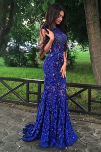 Custom Made Mermaid Scoop Royal Blue Sleeveless Lace Sweep Train Backless Prom Gown for Prom