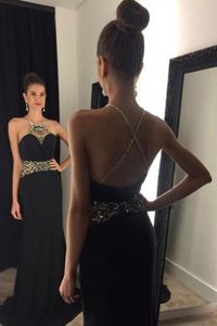 Edgy Mermaid Halter Top Sleeveless Satin With Brush Train Criss Cross Evening Dress in Black for with Beading