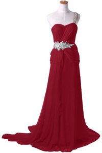 Burgundy A-line One Shoulder Sleeveless Chiffon With Train Watteau Train Zipper Beading Dress for Prom
