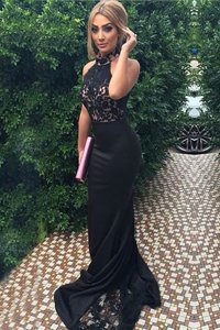 Fine Black Mermaid Lace and Appliques Prom Gown Zipper Elastic Woven Satin Sleeveless With Train
