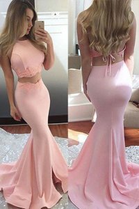 On Sale Mermaid Scoop Lace Prom Party Dress Pink Backless Sleeveless With Train Sweep Train