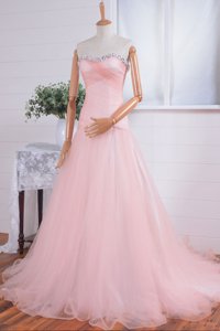 Pink Sleeveless With Train Beading and Ruching Zipper Prom Gown