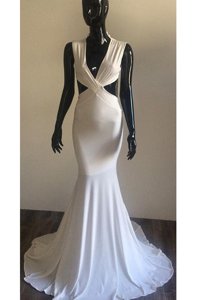 Mermaid White Elastic Woven Satin Backless V-neck Sleeveless With Train Prom Evening Gown Brush Train Ruching