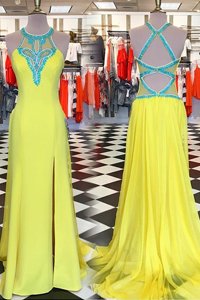 Traditional Scoop Sleeveless Sweep Train Backless Prom Evening Gown Yellow Elastic Woven Satin