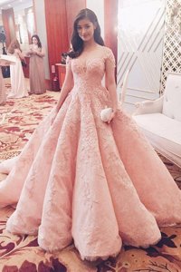 Glamorous Pink Sweetheart Zipper Lace Prom Dress Sweep Train Short Sleeves