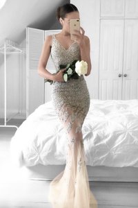 Mermaid V-neck Sleeveless Sweep Train Zipper Evening Dress Champagne Tulle