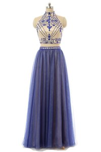 Amazing Halter Top Navy Blue A-line Appliques Prom Evening Gown Zipper Tulle Sleeveless Floor Length