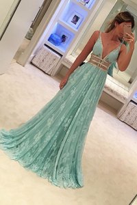 Luxury Lace Beading Prom Party Dress Apple Green Zipper Sleeveless Sweep Train