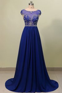 Scoop Cap Sleeves Zipper With Train Beading and Appliques Prom Dress