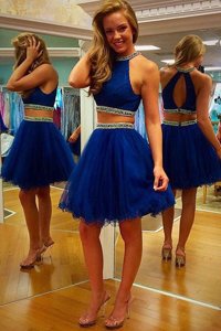 Traditional Halter Top Royal Blue A-line Beading and Belt Prom Evening Gown Zipper Organza Sleeveless Mini Length