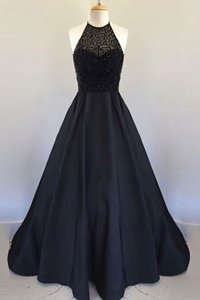 Halter Top Black A-line Beading and Pleated Homecoming Dress Zipper Satin Sleeveless Floor Length