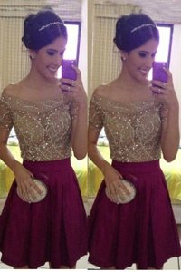 High End Off the Shoulder Burgundy Sleeveless Mini Length Beading Zipper Prom Dress