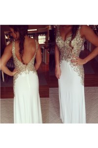 Sleeveless Chiffon Floor Length Zipper Prom Gown in White for with Embroidery