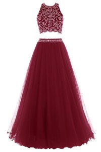 Halter Top Floor Length A-line Sleeveless Burgundy Dress for Prom Zipper