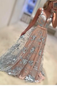 Peach Sleeveless With Train Lace and Bowknot Zipper Prom Evening Gown
