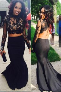 Flirting Mermaid Black Zipper Scoop Appliques Prom Dresses Satin Long Sleeves Sweep Train