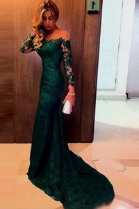 Mermaid Off the Shoulder Dark Green Zipper Prom Party Dress Lace Long Sleeves Sweep Train