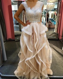 Great Champagne A-line Tulle Scoop Sleeveless Beading and Ruffles Floor Length Zipper Homecoming Dress
