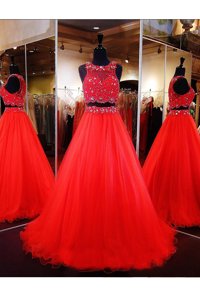 Coral Red A-line Scoop Sleeveless Organza Floor Length Zipper Beading Prom Dresses