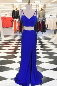 Scoop Royal Blue Column/Sheath Ruching Prom Dresses Zipper Elastic Woven Satin Sleeveless With Train