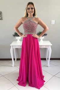 Wonderful Halter Top Knee Length Zipper Prom Gown Hot Pink and In for Prom and Party with Appliques