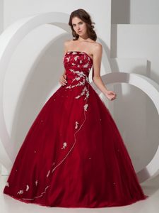Beaded and Appliqued Tulle Quinceanera Gown in Wine Red in Vogue