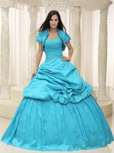 Teal Taffeta Quinces Dresses with Appliques and Pick ups 2014