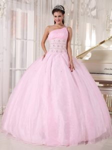 Baby Pink One Shoulder Quinces Dresses with Beading and Ruches