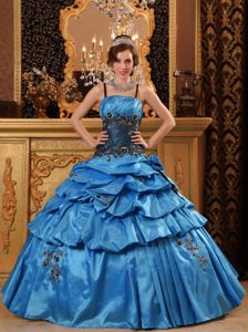 Appliques and Pick ups Accent Blue Quinces Dresses with Straps