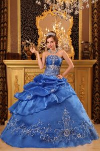 Riverside CA Appliqued Blue Organza Quinces Dresses with Pick ups