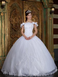 White Off Shoulder Quinces Dresses with Flowers and Beading 2014