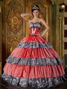 Appliques and Ruffled Zebra Print Watermalon Quinceanera Dress