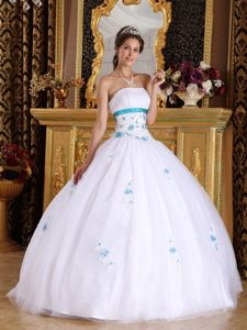 Redondo Beach CA White Quinceanera Dresses with Blue Appliques