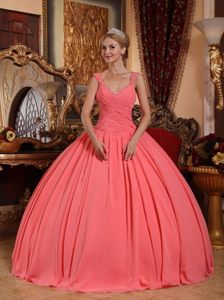 Beaded and Ruched v Neck Quinceanera Dresses in Watermelon Pink