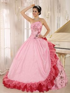 Beaded and Ruffled Pink Strapless Floor Length Dress for Quinceanera