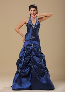 Royal Blue Halter Prom Celebrity Dress with Appliques and Pick ups
