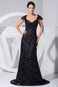 Beaded Black Brush V-neck Prom Party Dress with Cap Sleeves 2014