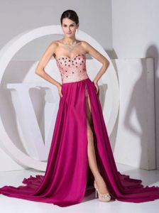 Beading High Slit Fuchsia Prom Celebrity Dress with Court Train