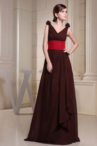 Brown V-neck Long Prom Party Dresses with Flowers and Red Belt