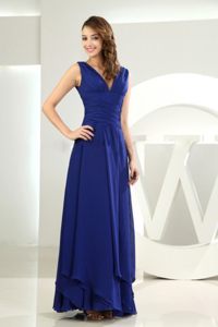 Royal Blue V-neck Ruched Prom Party Dress of Ankle Length 2014