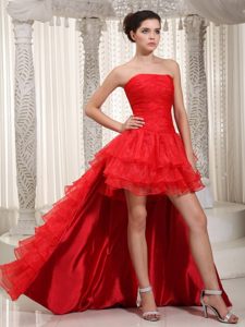 Ruffled and Ruched Red Prom Evening Dress with Detachable Train