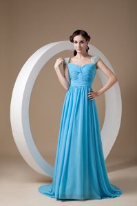 Square Ruched and Beaded Blue Brush Chiffon Prom Party Dresses