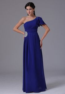 Beaded Royal Blue One Shoulder Prom Gown Dress of Floor Length