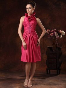 Beaded and Ruched Hot Pink Halter Prom Formal Dress of Knee Length