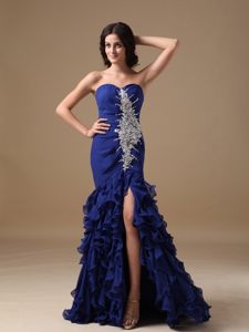 Appliqued Royal Blue Mermaid Prom Formal Dress with Ruffled Layers