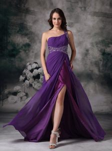 Purple High Slit One Shoulder Prom Gown Dress with Beading 2014