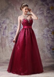 Burgundy A-line Organza Prom Formal Dresses with Beading and Belt