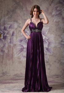 Straps Beading and Pleats Accent Prom Formal Dresses in Dark Purple