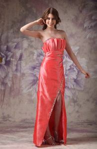 Beaded and Ruched Strapless Long Prom Gown Dress in Watermelon